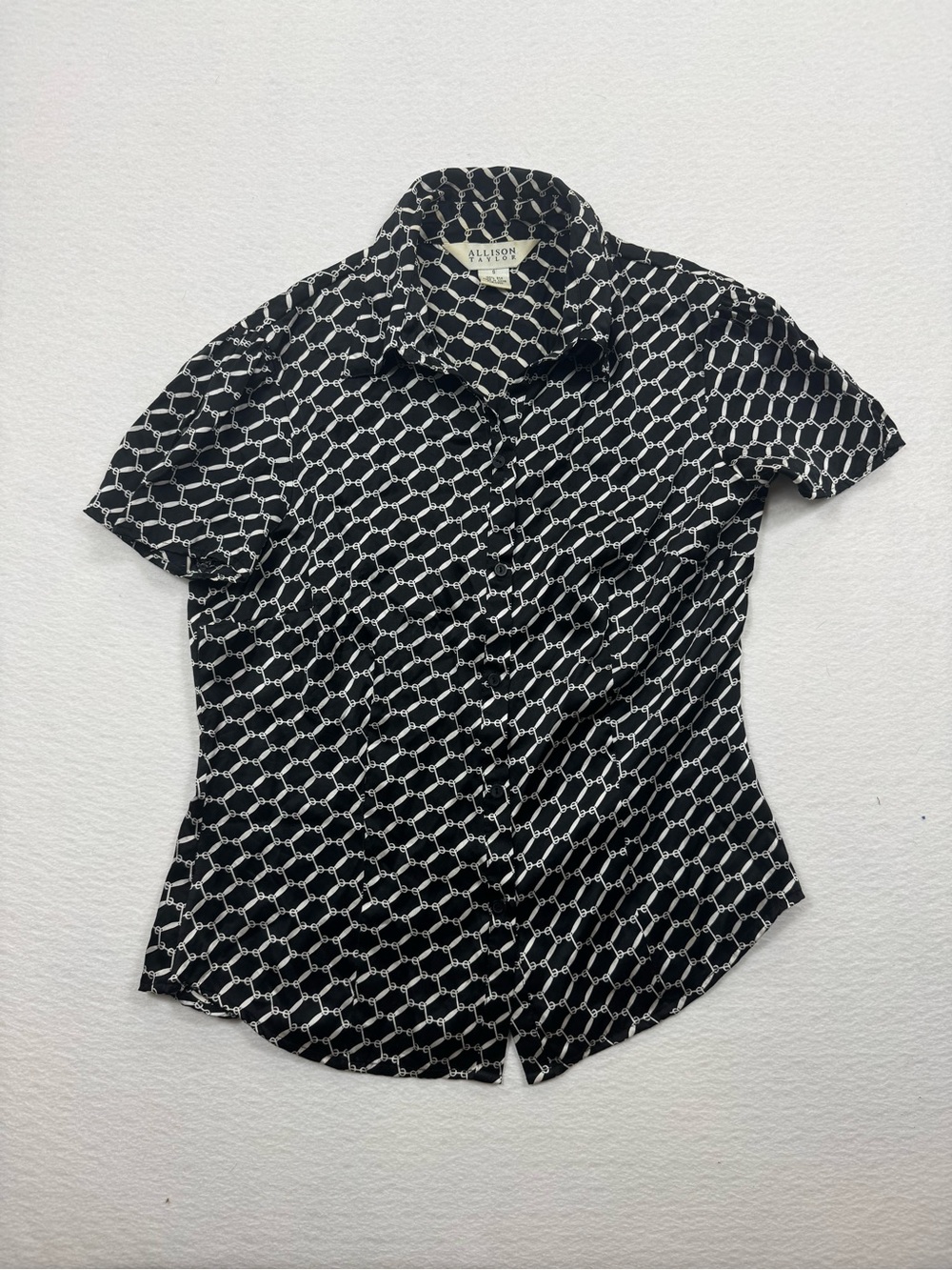Vintage Allison Taylor 100% Silk Geometric Chain Link Button Up Blouse Size S